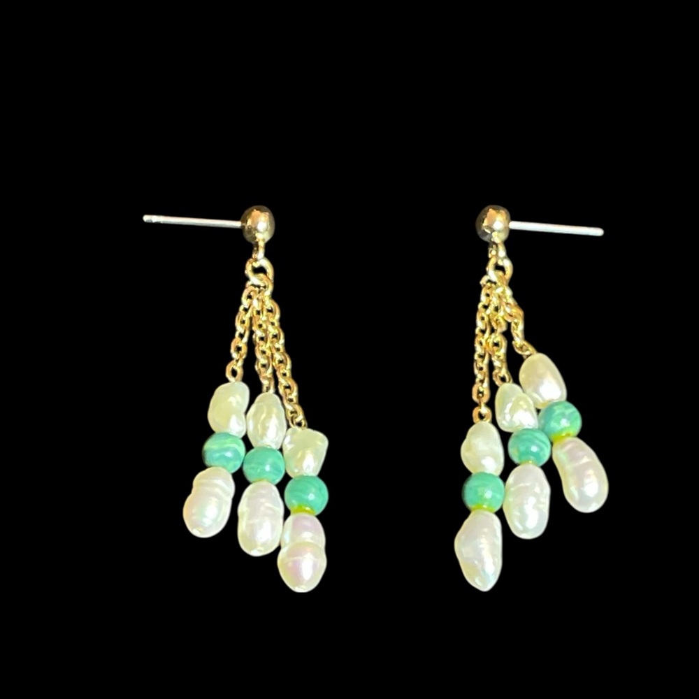 Gold Pearl and Turquoise Bead Drop Earrings - Women Jewelry
